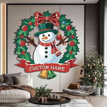 Riaeelvs Personalized Snowman Christmas Eve Metal Sign,Merry Christmas Sign Wall Art,Wreath And Reindeer Hanging Sign,Custom Name Outdoor Metal Sign,Party Ornament Wall Signs For Home Front Door Decor
