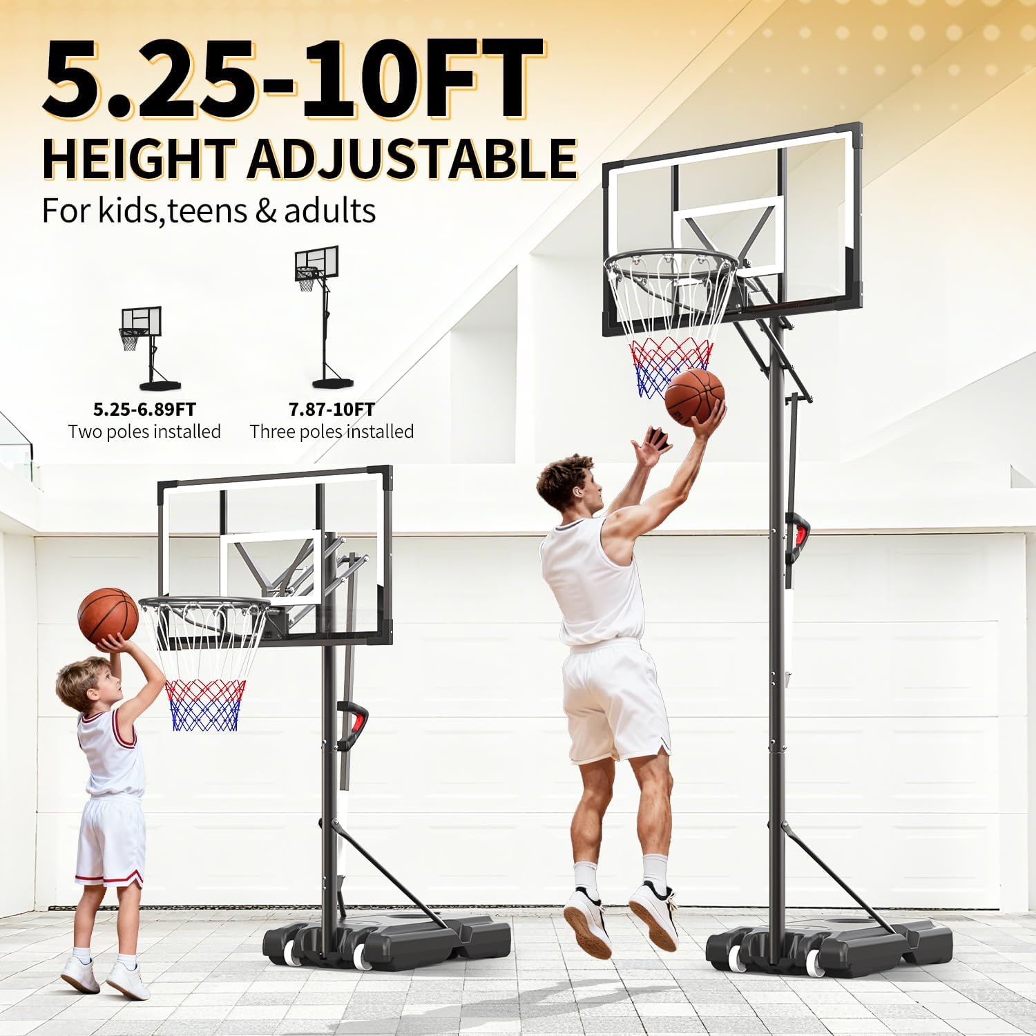 Portable Basketball Hoop 44 Inch Outdoor Backboard, 10FT Height Adjustable Basketball Goal for Teens, Kids and Adults, Play in Yard Park Gym Driveway Indoors