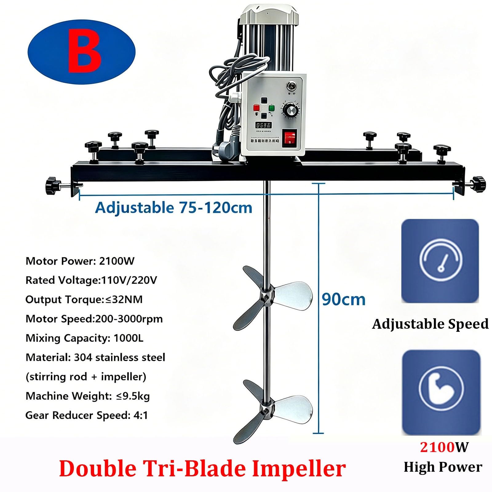 Agitatore elettrico per serbatoi IBC, miscelatore professionale con supporto e regolazione della velocità (200-3000 giri/min), per mescolare vernici, rivestimenti, colla, potenza 2100W(B)