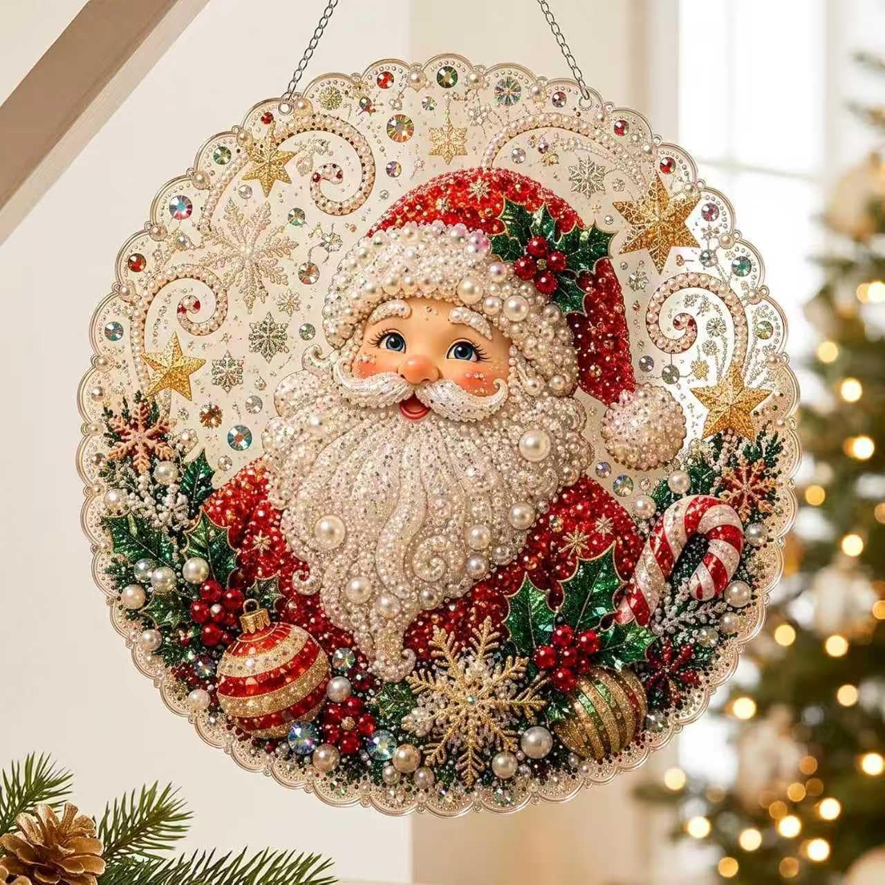 Christmas Pearl Diamond Painting Suncatcher Kit, DIY Craft| Pre-Assembled Metal Chain, Acrylic Round Board with Lace Edge, 3D Mixed-Sized Pearl Beads Craft, Festive Window Wall Decor（Santa Claus）