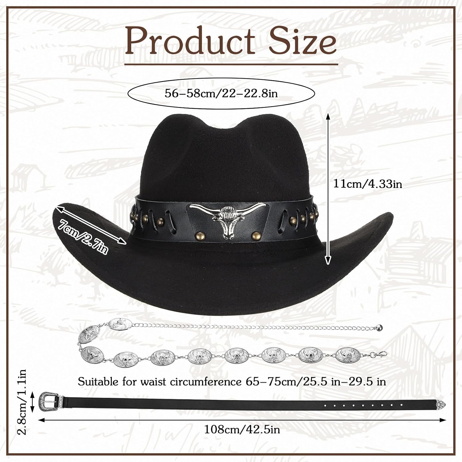 Toulite 5 Pcs Western Cowgirl Accessories Black Cowboy Hat Waist Chain Belt Dangle Earrings for Women Bachelorette Cosplay - Image 2