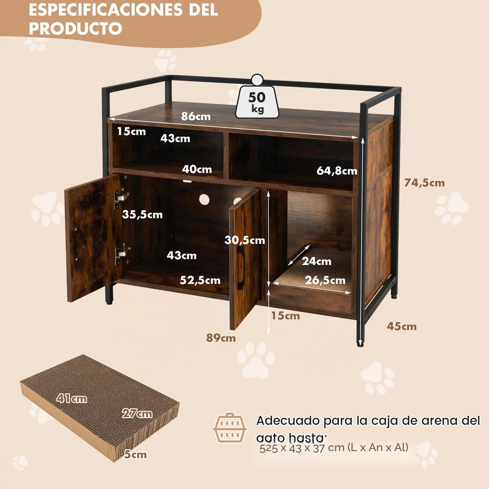 GOPLUS Mueble Arenero para Gatos con Estructura de Metal, Aseo Cerrado con Estantes, Casa de Mascotas Interior, Lavabo Oculto, Marrón, 89 x 45 x 74,5 cm