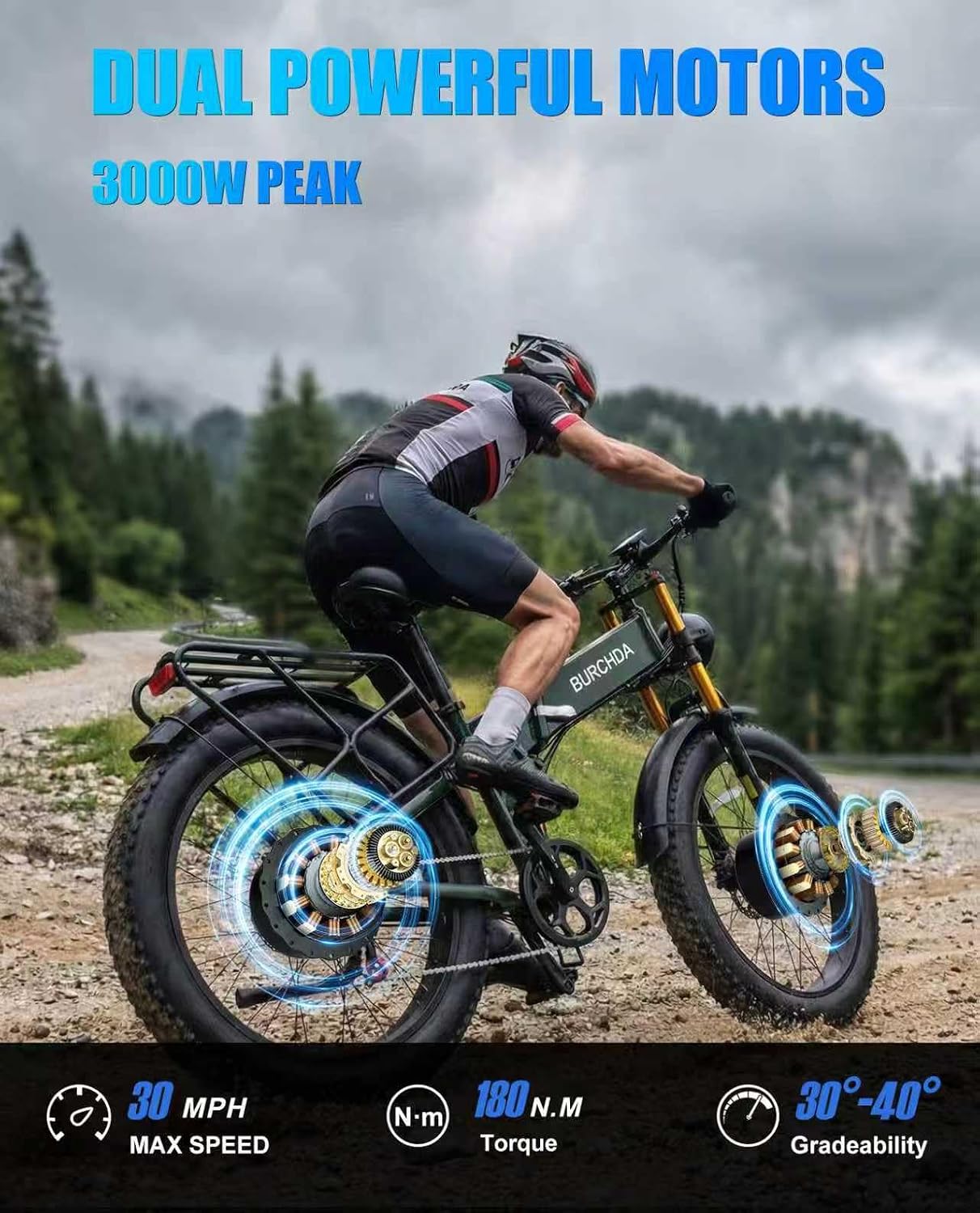 Dual Motor Electric Bike for Adults AWD 3000W Peak 30 MPH Fast E Dirt Bike, 48V 60Ah/30Ah/20Ah Removable Battery 65 Miles/80 Miles/160 Miles Long Range with Full Suspension 26" Fat Tire Mountain Bike