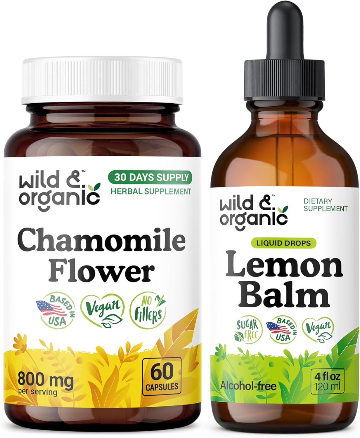 Wild & Organic Chamomile 60 Capsules & Lemon Balm Tincture 4 fl oz