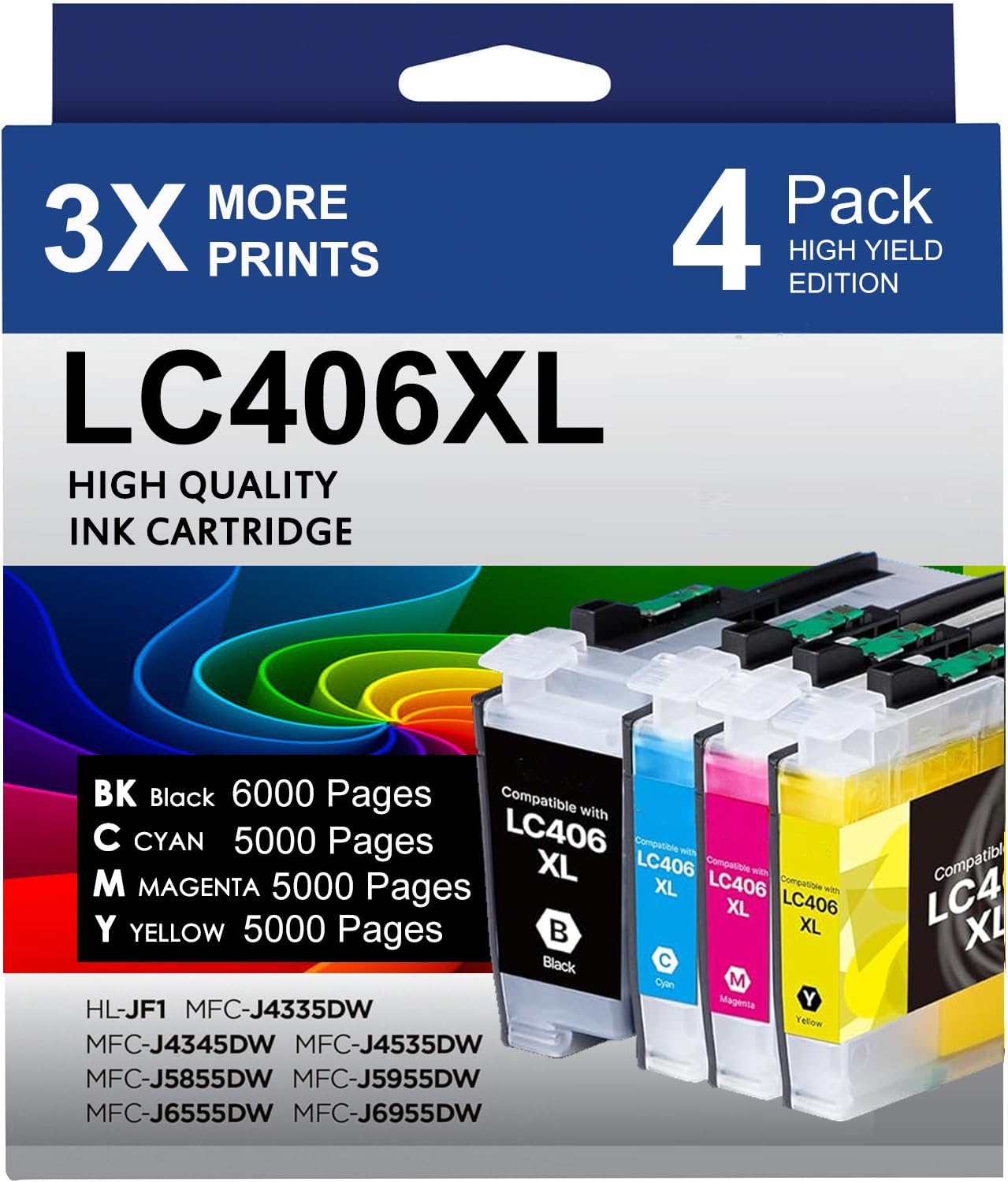 LC406 LC406XL Ink Cartridges for Brother Printer 406XL LC406 XL for MFC-J4335DW MFC-J5855DW MFC-J6555DW MFC-J4535DW MFC-J6955DW MFC-J4345DW MFC-J5955DW (4 Pack, Black Cyan Magenta Yellow)