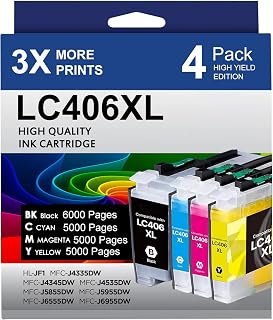 LC406 LC406XL Ink Cartridges for Brother Printer 406XL LC406 XL for MFC-J4335DW MFC-J5855DW MFC-J6555DW MFC-J4535DW MFC-J6955DW MFC-J4345DW MFC-J5955DW (4 Pack, Black Cyan Magenta Yellow)
