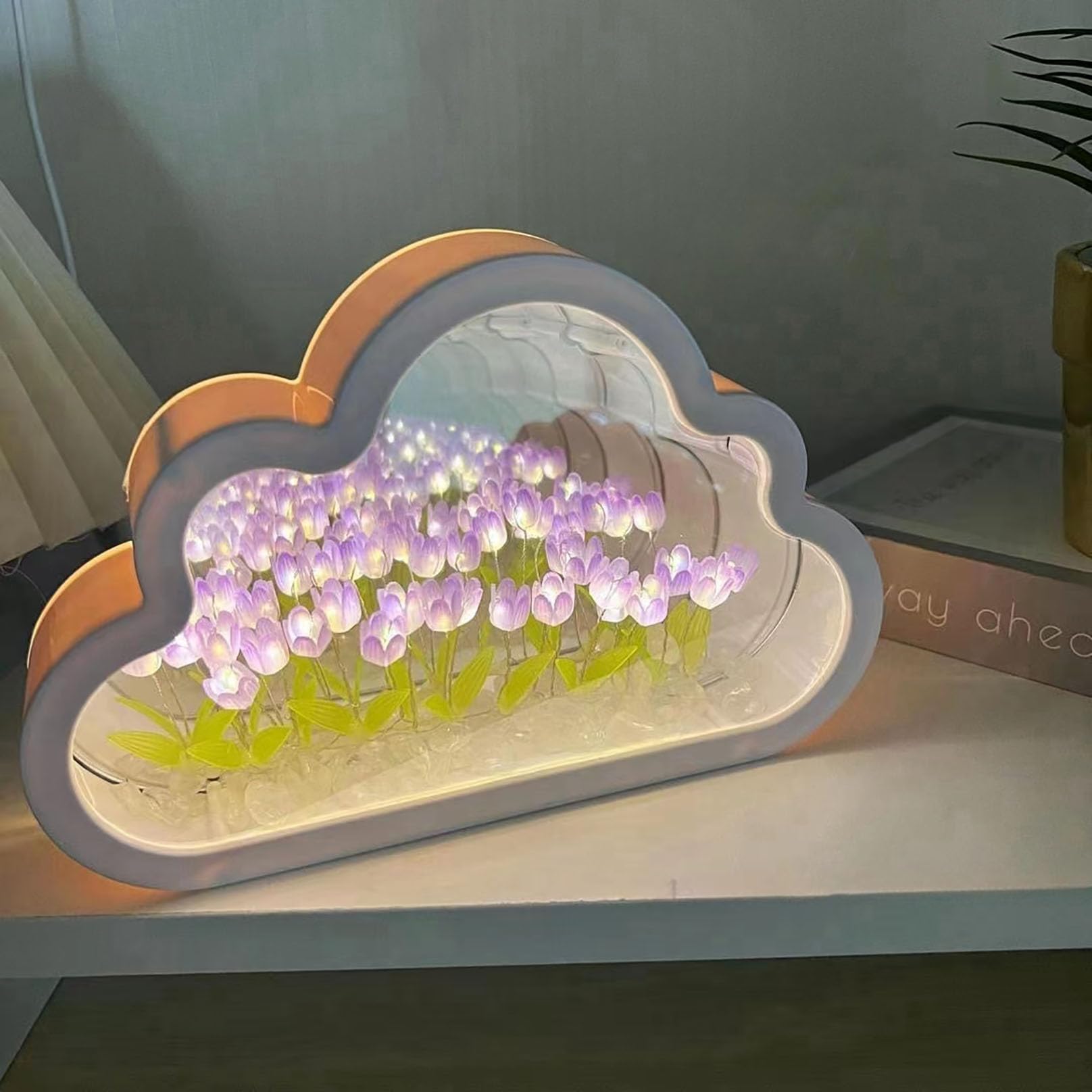 wioilyoywioilyoy DIY Cloud Mirror Tulip Light, Cloud Mirror Tulip Light, Latest Bedroom Tulip Double Mirror Light, Artificial Flower Bedroom Sleeping Table lamp, Bedroom Night Light (Purple)