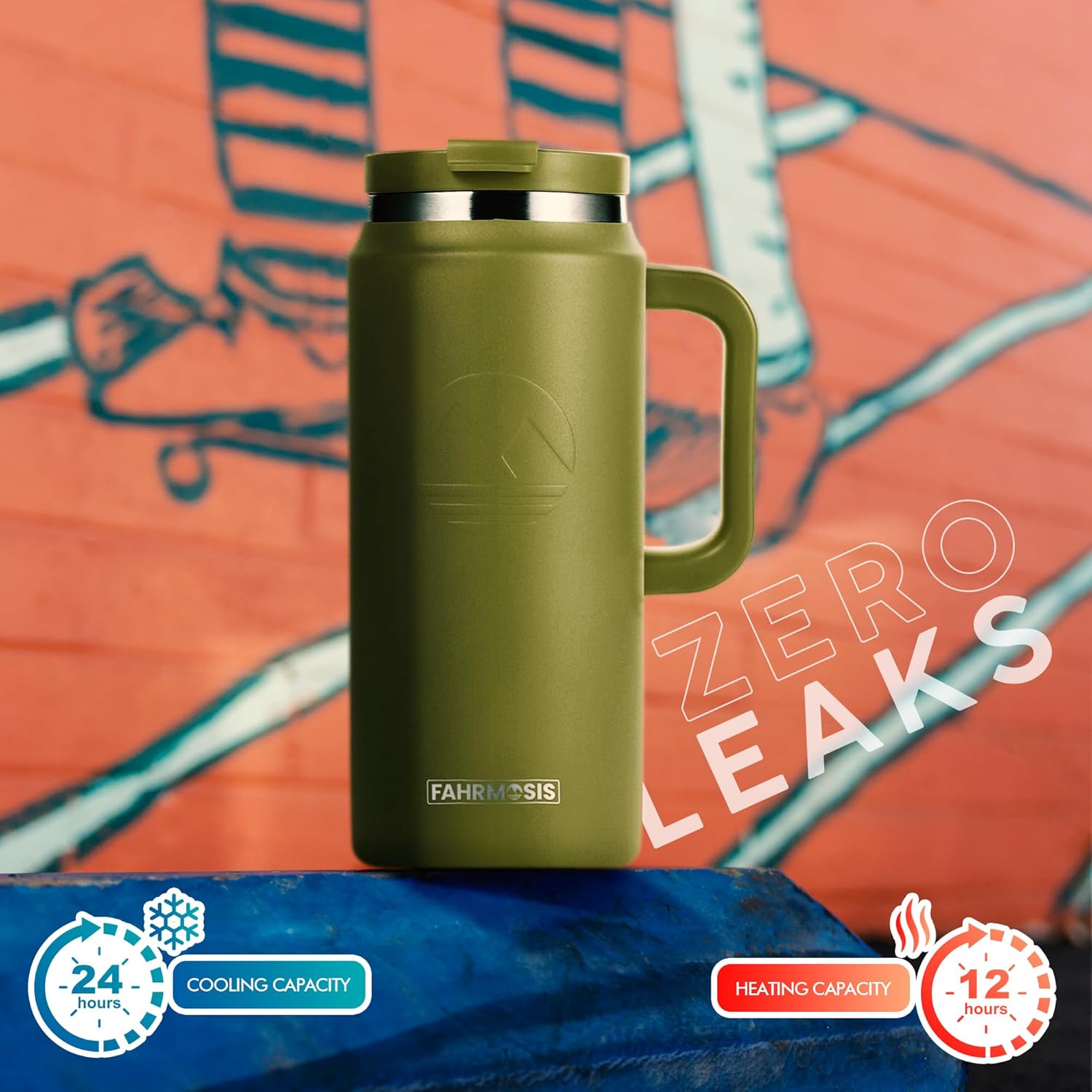 64 Oz Tumbler with Handle and Straw Half Gallon Water Bottle Stainless Steel Travel Mug for Hot & Cold Drinks, Reusable Water Bottle with Lids and Straw - Army Green - Image 5