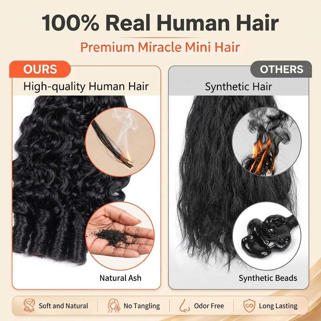 Burmese Curly Crochet Human Hair for Black Women, Miracle Mini Knots Feather Crochet Human Hair Extensions 16 Inch 50g 40 Strands, Pre-Separated Invisible Knotless Remy Bundles Natural Black