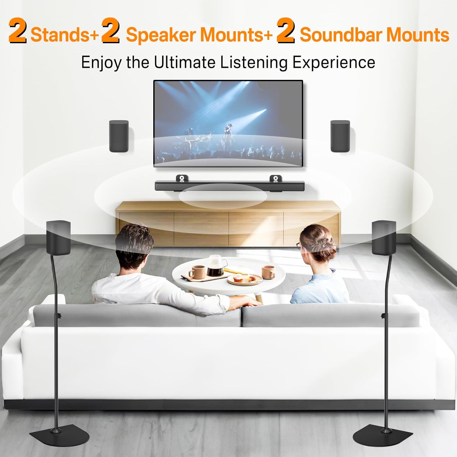 Universal Speaker Stands Pair of Height Adjustable Extend 33" to 42" - Speaker Stand with Soundbar Mount Speaker Wall Mount for Samsung, Vizio, Klipsch and More Rear Speaker Stands for Surround Sound