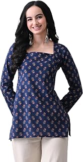 MEERA FAB Women’s Cotton Printed Straight Kurti Top |Square Neck Long Sleeve Casual Ethnic Tunic for Women Price In India