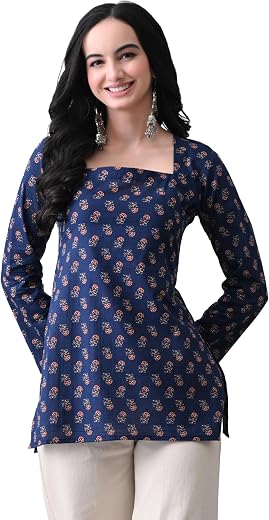 MEERA FAB Women’s Cotton Printed Straight Kurti Top |Square Neck Long Sleeve Casual Ethnic Tunic for Women