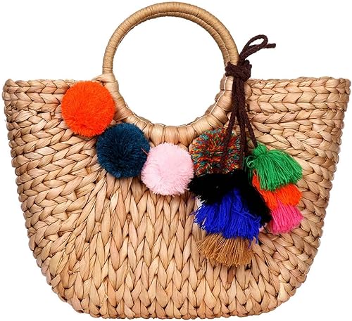Miniatura 8 de Bolso de ratán de verano para mujer bolso de mano tejido a mano con asa superior para playa playa paja de mar de ratán rosado caqui, Khaki Pink With
