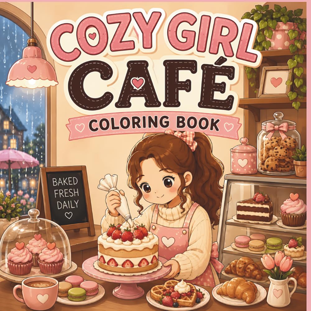 Cozy Girl Café Coloring Book: Adorable Dessert Shop, Rainy Café Moments, Sweet Treats, and Relaxing Bakery Scenes | Cute and Cozy Bakery Featuring ... Stress Relief and Creativity (30 Page Studio)