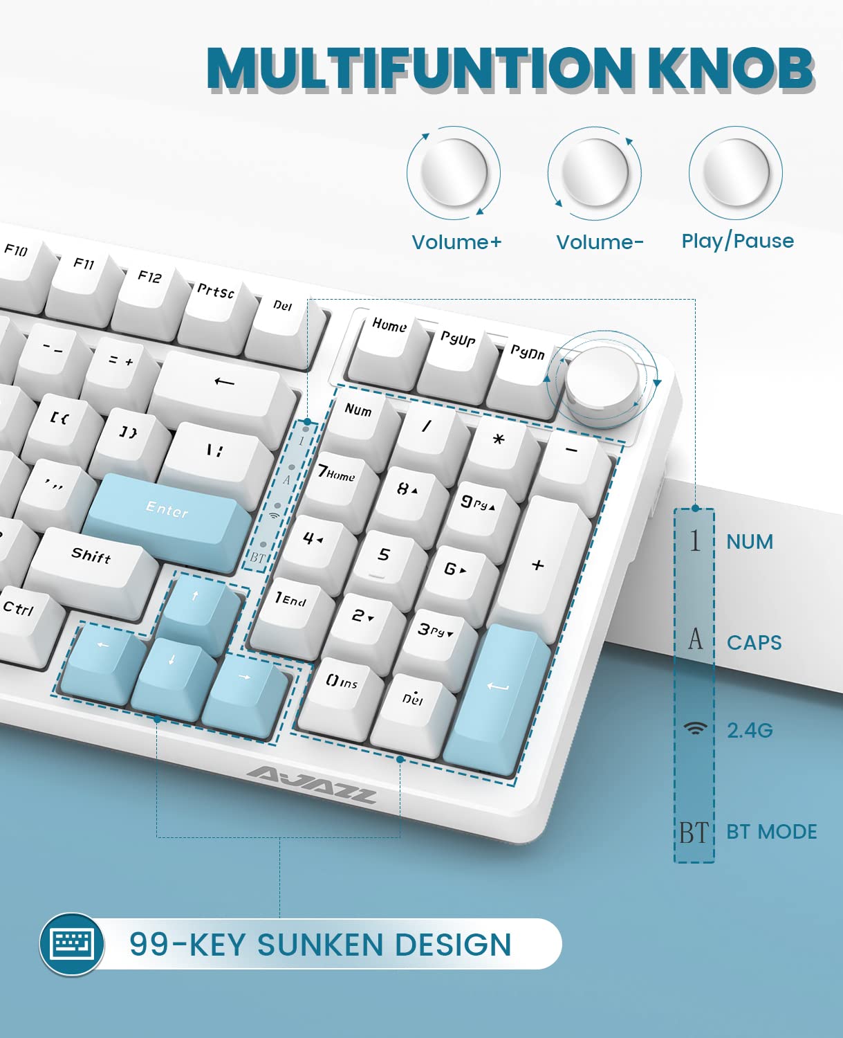 AJAZZ 96% hot-swappable pakking mechanisch gaming-toetsenbord met aangepaste opgerolde USB C-kabel, drievoudige modus 2.4G/BT5.1/bedraad 99 toetsen met knop, 4000 mAh, witte achtergrondverlichting met