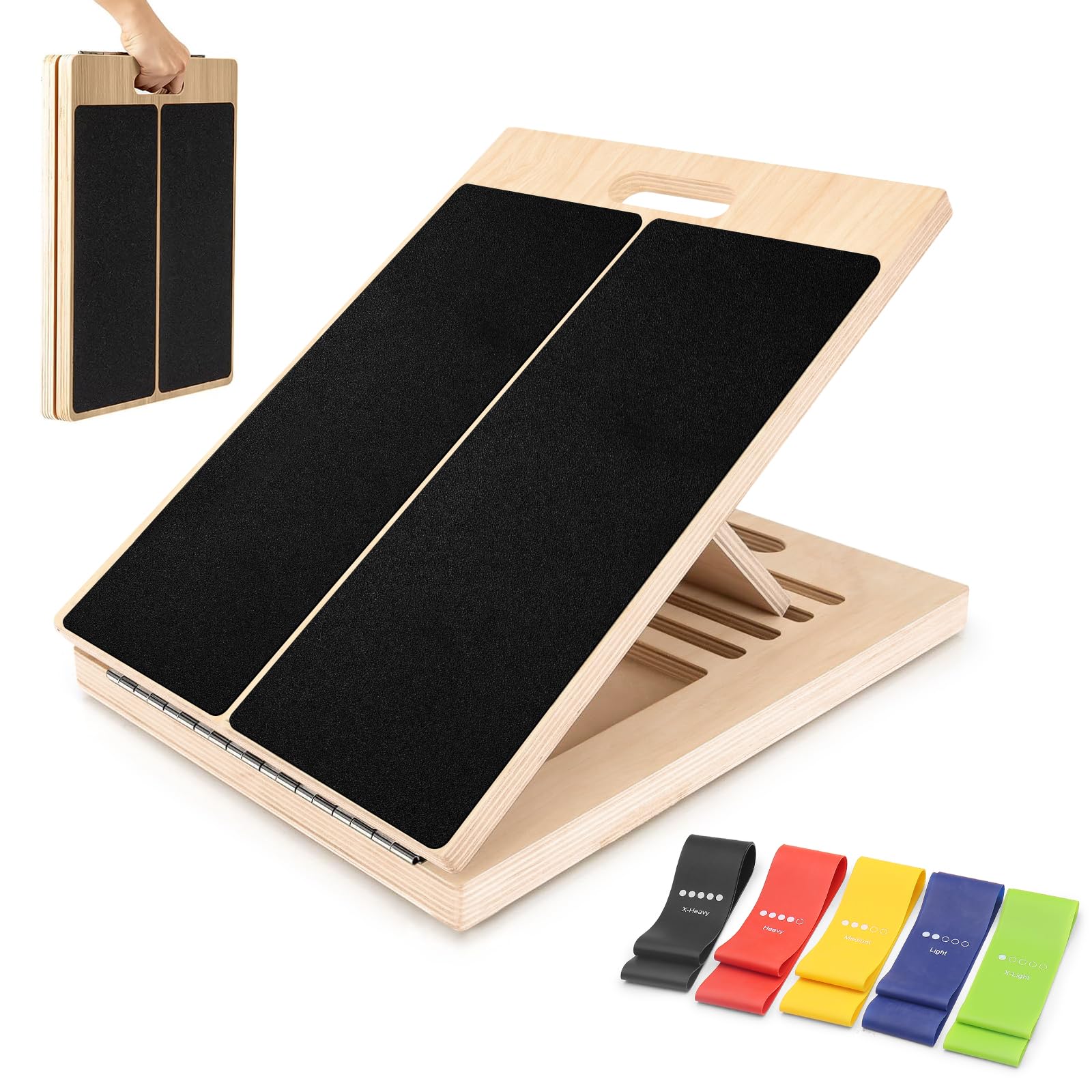 Wooden Slant Board with 5 Resistance Bands – 5 Angle Adjustable Calf Stretcher Incline Board, Foldable Squat Wedge for Calf Stretching, Ankle Mobility & Home Gym, 300LBS Heavy-Duty