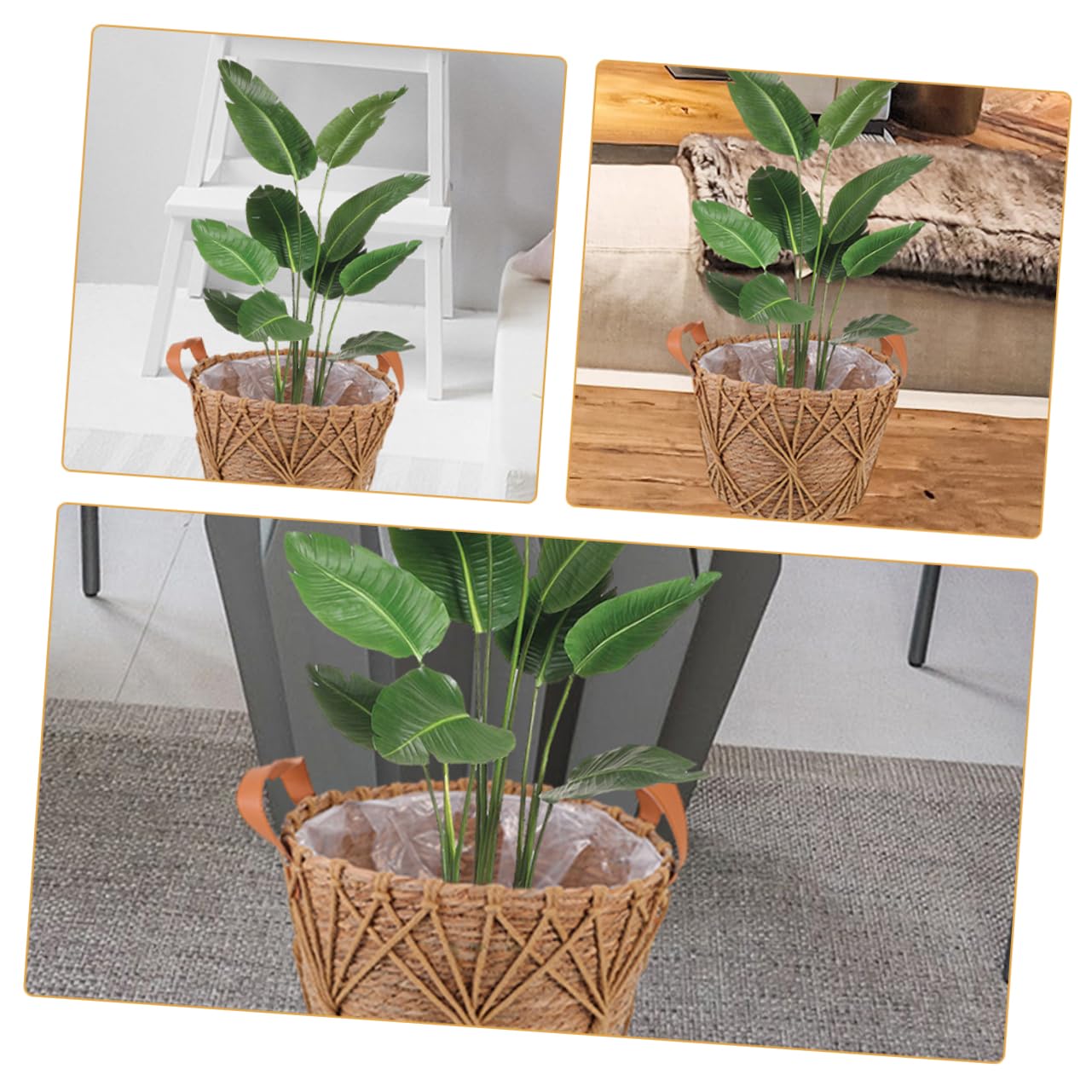 Cesto Intrecciato Manici per Fiori e Piante Succulente | Design a Doppio Manico, Uso Casa e Ufficio, Stile Country Vintage, Struttura in Paglia e Poliestere