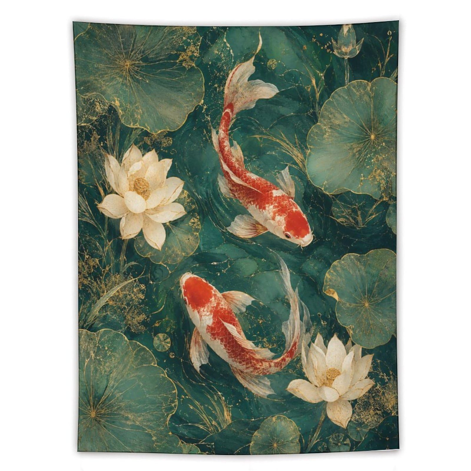H3B8U2Y5 Koi Fish Lotus Wall Tapestry, Ukiyo-e Style, Zen Water
