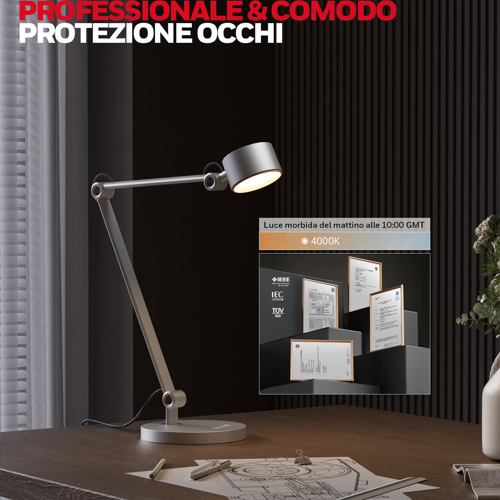Honeywell Lampada tavolo LED 01A Sunturalux braccio snodato per artigianato | 4000K luce diurna, CRI≥95, RG0 bassa luce blu, lampada da tavolo per architetto, protezione occhi
