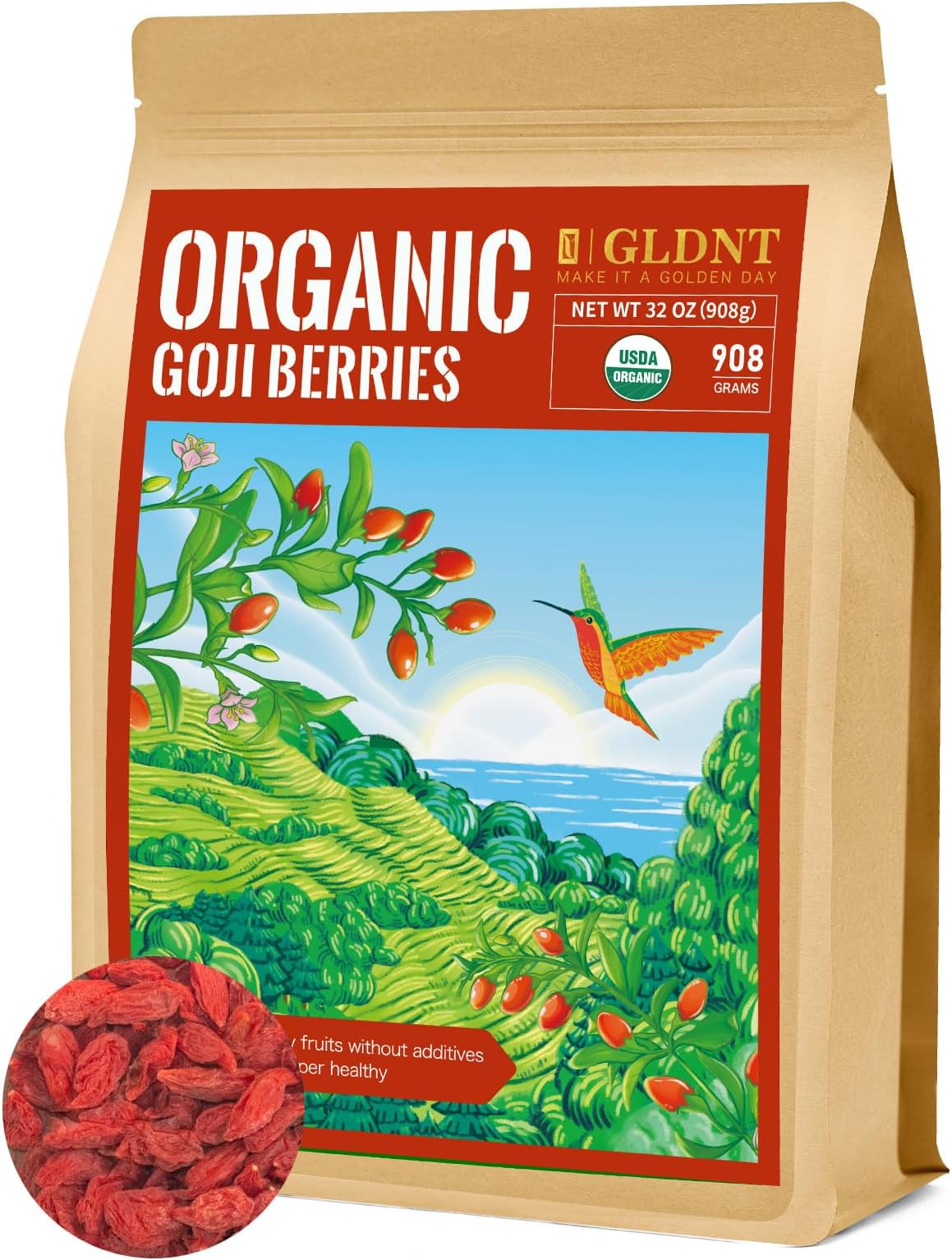 GLDNT Organic Goji Berries, Large Size Sun-Dried Gogi Berry for Baking & Tea & Snacks, Slight Sweet & Fruit Flavor, Caffeine Free, 32oz
