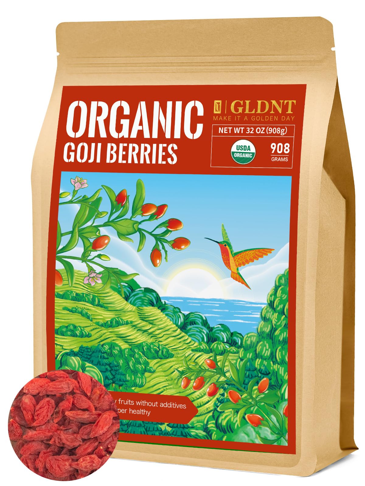 GLDNT Organic Goji Berries, Large Size Sun-Dried Gogi Berry for Baking & Tea & Snacks, Slight Sweet & Fruit Flavor, Caffeine Free, 32oz