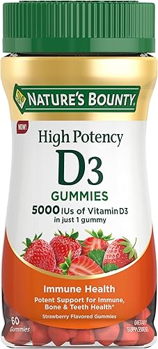 Nature’s Bounty Vitamin D 5000 IU Gummies, Vitamin D3 High Potency Immune Support & Bone Health Supplement, 5000 IU in 1 Gummy, Strawberry Flavor, 2 month Supply, 60 Vegetarian Gummies for Adults