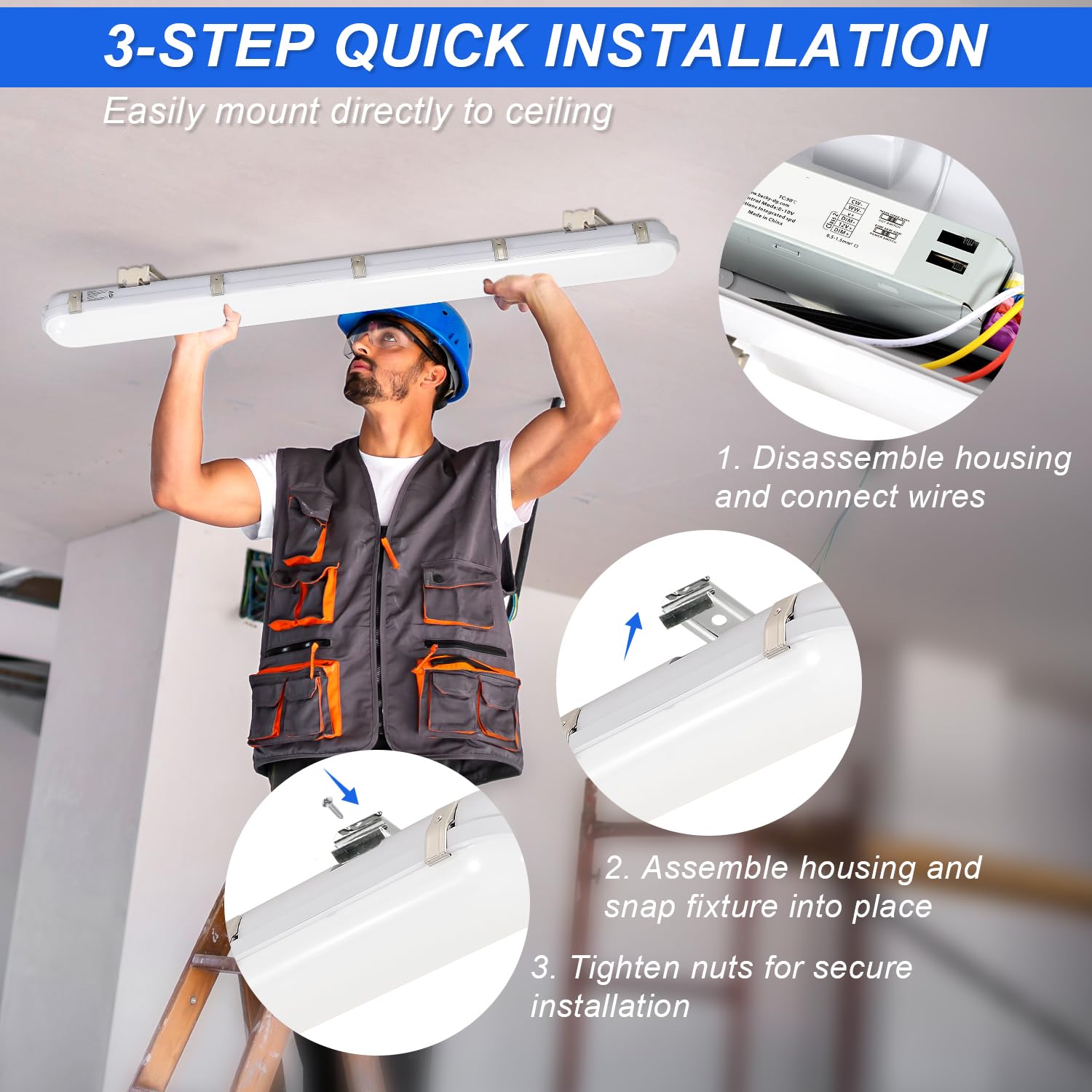 4FT LED Vapor Tight Lights 40W-50W-60W Power Selectable 3CCT 3000K-4000K-5000K Vapor Proof Light IP66 Waterproof LED Shop Light — view 6