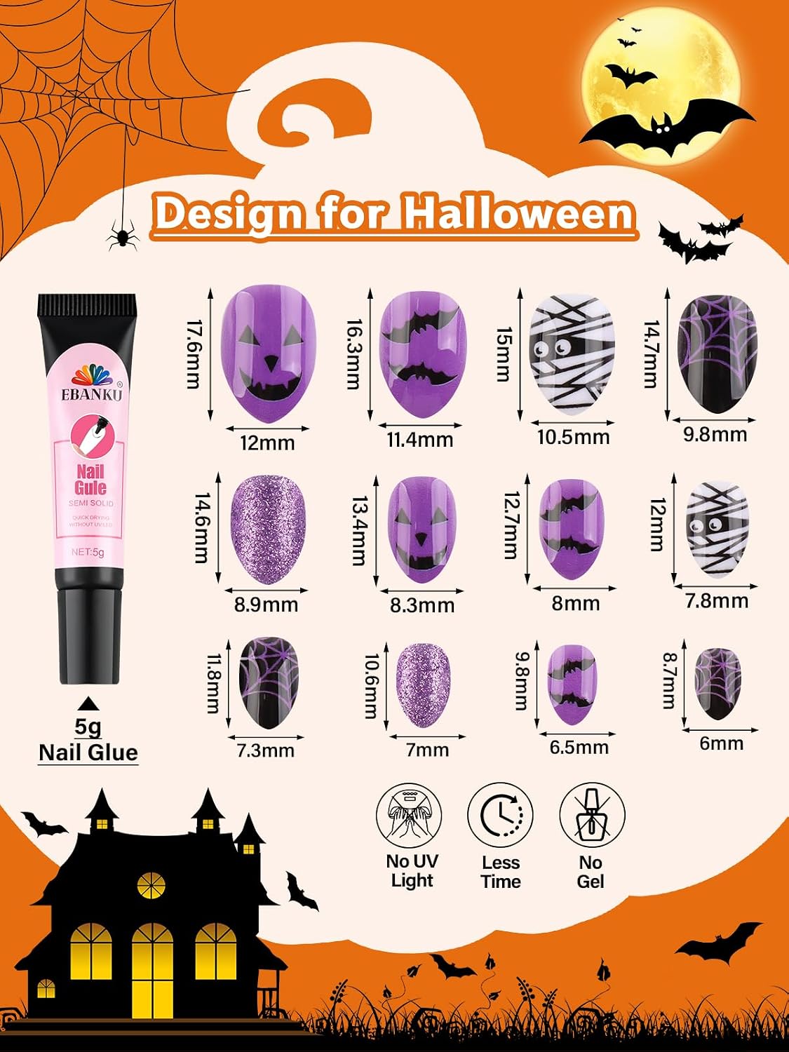 EBANKU Halloween Kid Press on Nails, 72Pcs Almond Fake Nails Kit Full Cover image 2