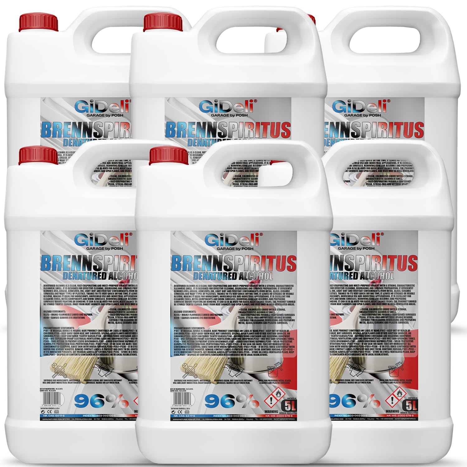 GiDeli Alcohol incoloro 6 x 5 l – alcohol versátil para el hogar, taller y jardín – para limpiar, desengrasar y encender – sin residuos y duradero