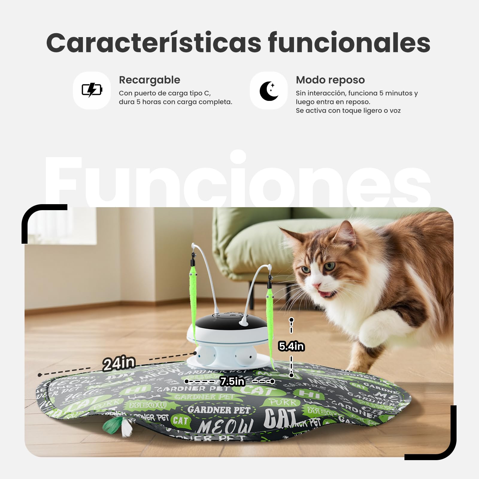 Gardner Pet Juguete para Gatos, 5 en 1 Eléctrico Interactivo Automático para Gatos, Juego de Escondite, Juguete con Plumas, Láser, Pelotas y Sonidos de Pájaros, Carga USB, Verde