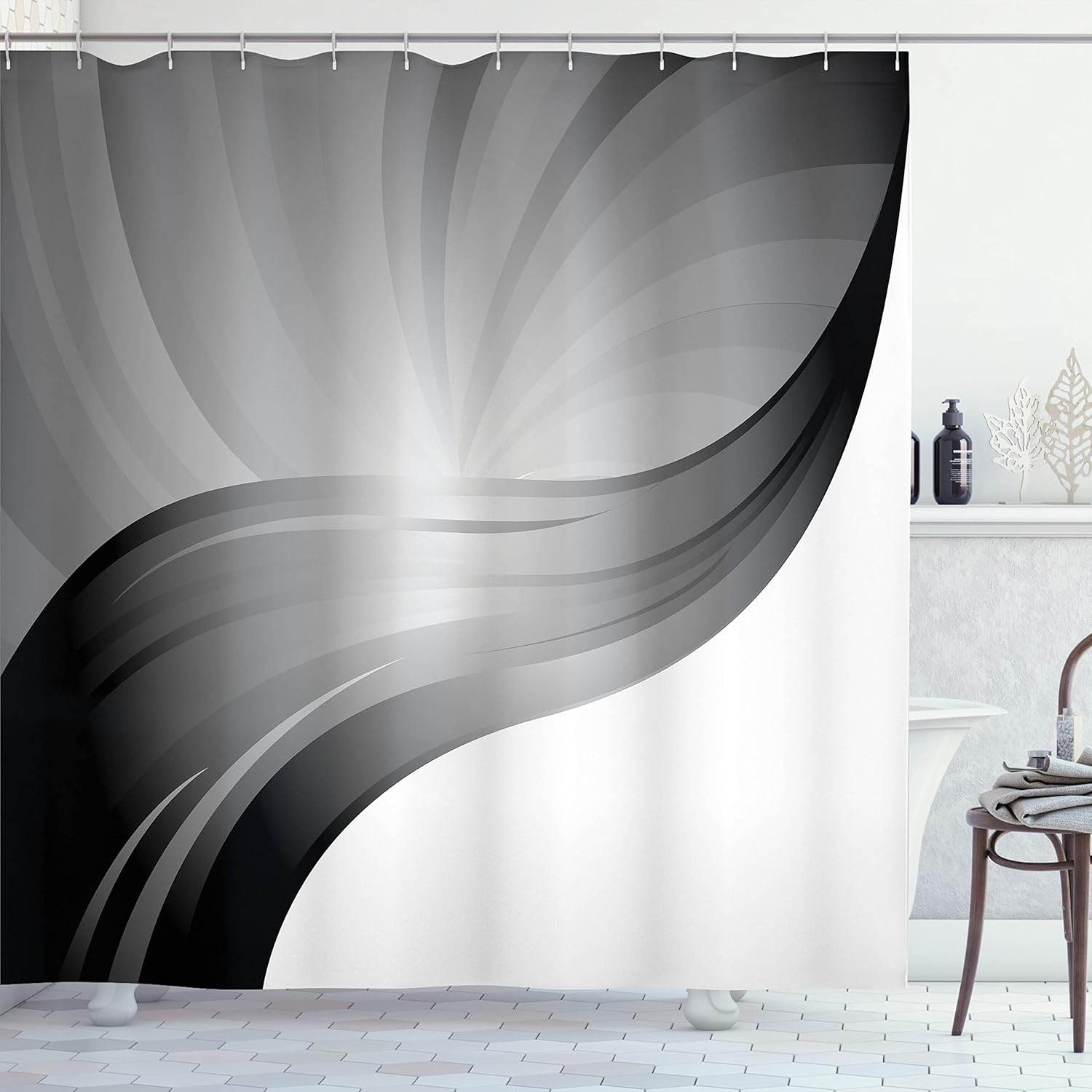 Ambesonne Contemporary Shower Curtain, Spiraling Stripes with Monochrome Tones Modern Art Inspirations Abstract, Cloth Fabric Bathroom Decor Set with Hooks, 69" W x 70" L, Dark Grey