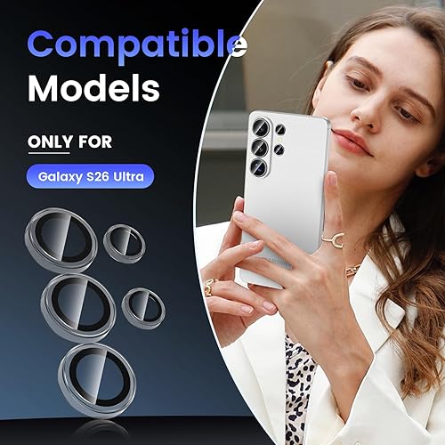 Miniatura 2 de Tensea Protector de lente de cámara compatible con Samsung Galaxy S26 Ultra, protector de pantalla de vidrio templado 9H, anillo individual de