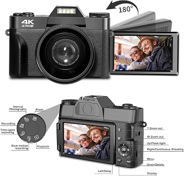 ccn digital camera 4k 48mp photo camera with 180 ° flip 3.0 inch screen 16x digital zoom compact camera 64gb tf card with macro lens and wide angle lens wifi functionality upgrade version black