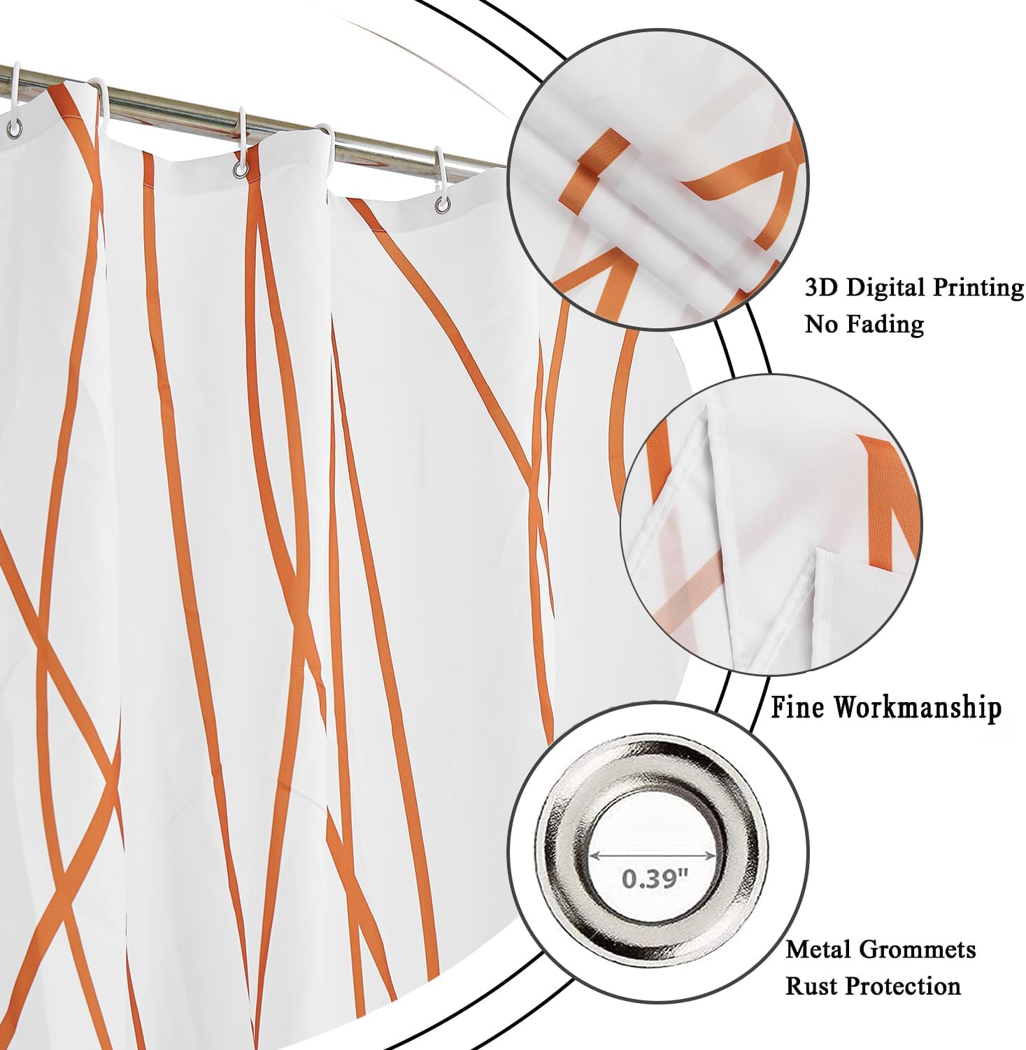 Orange and White Striped Shower Curtain, Modern Abstract Geometric Orange White Striped Simple Minimalist Art Bathroom Curtain Waterproof Fabric Machine Washable with Hooks, 72" Wx78 L