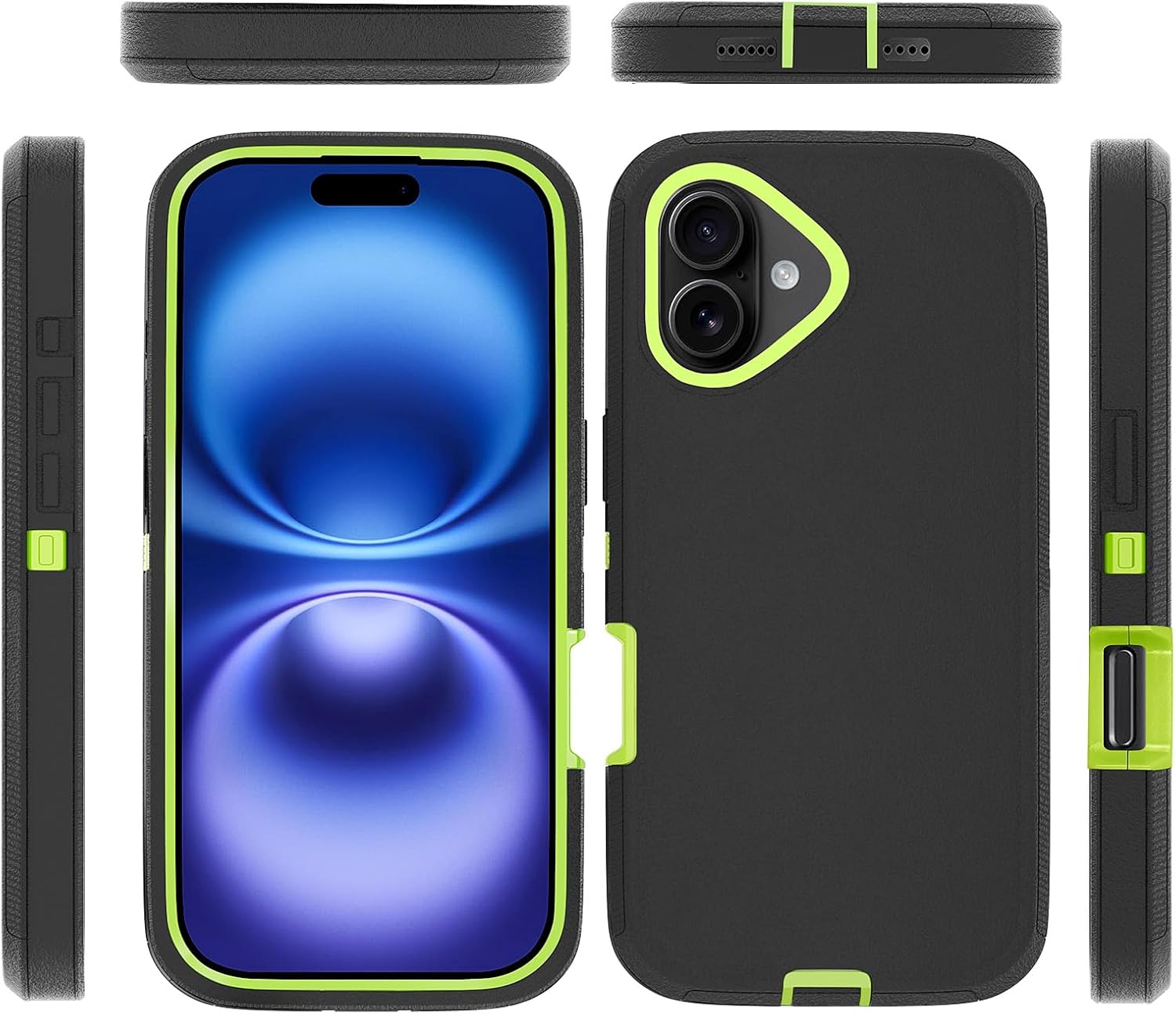 JGS for iPhone 16 Case 6.1", Military Grade 3 in 1 Heavy Duty Shockproof/Drop Proof Case with 2 PCS Tempered Glass Screen Protector, Includes Holster Clip Kickstand (Black Green) - Image 4