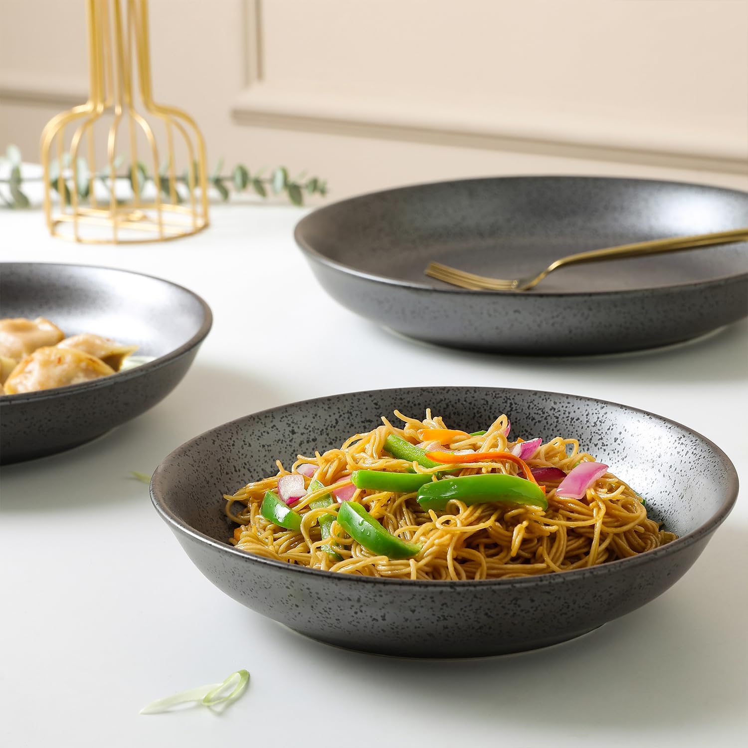 Stone + Lain Valencia Porcelain 3-Piece Round Bowl Serving Set, Metallic Grey