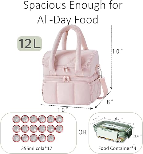 Miniatura 4 de Lonchera aislada para mujer, ligera, acolchada, impermeable, con correa ajustable para el hombro, bolsa de almuerzo reutilizable para el trabajo,