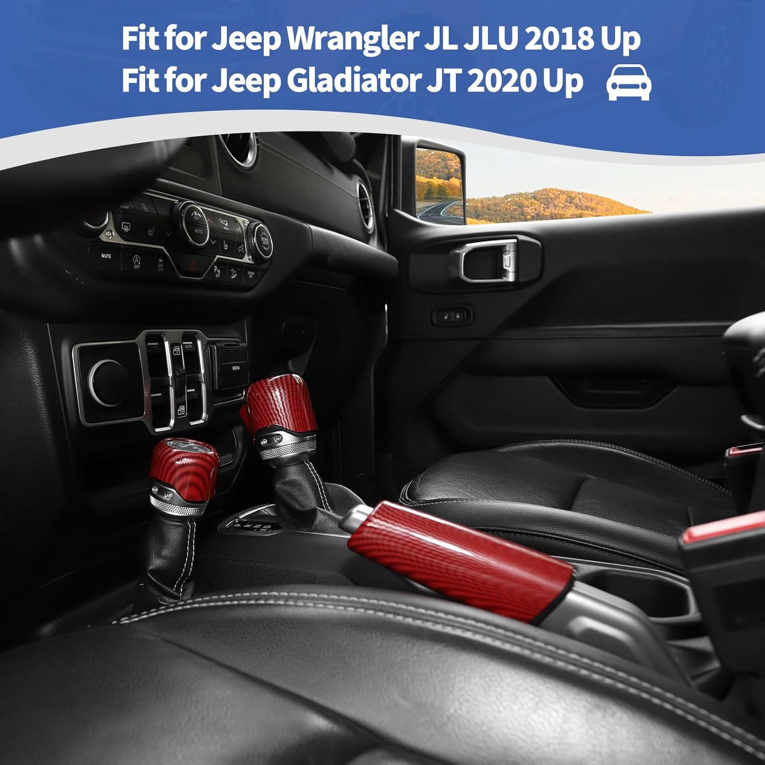 for Jeep JL Gear Shift Knob Handbrake Cover Trim for Jeep Wrangler JL JLU 2018 up for Gladiator JT 2020 up Red Carbon Fiber Interior Accessories 3pcs
