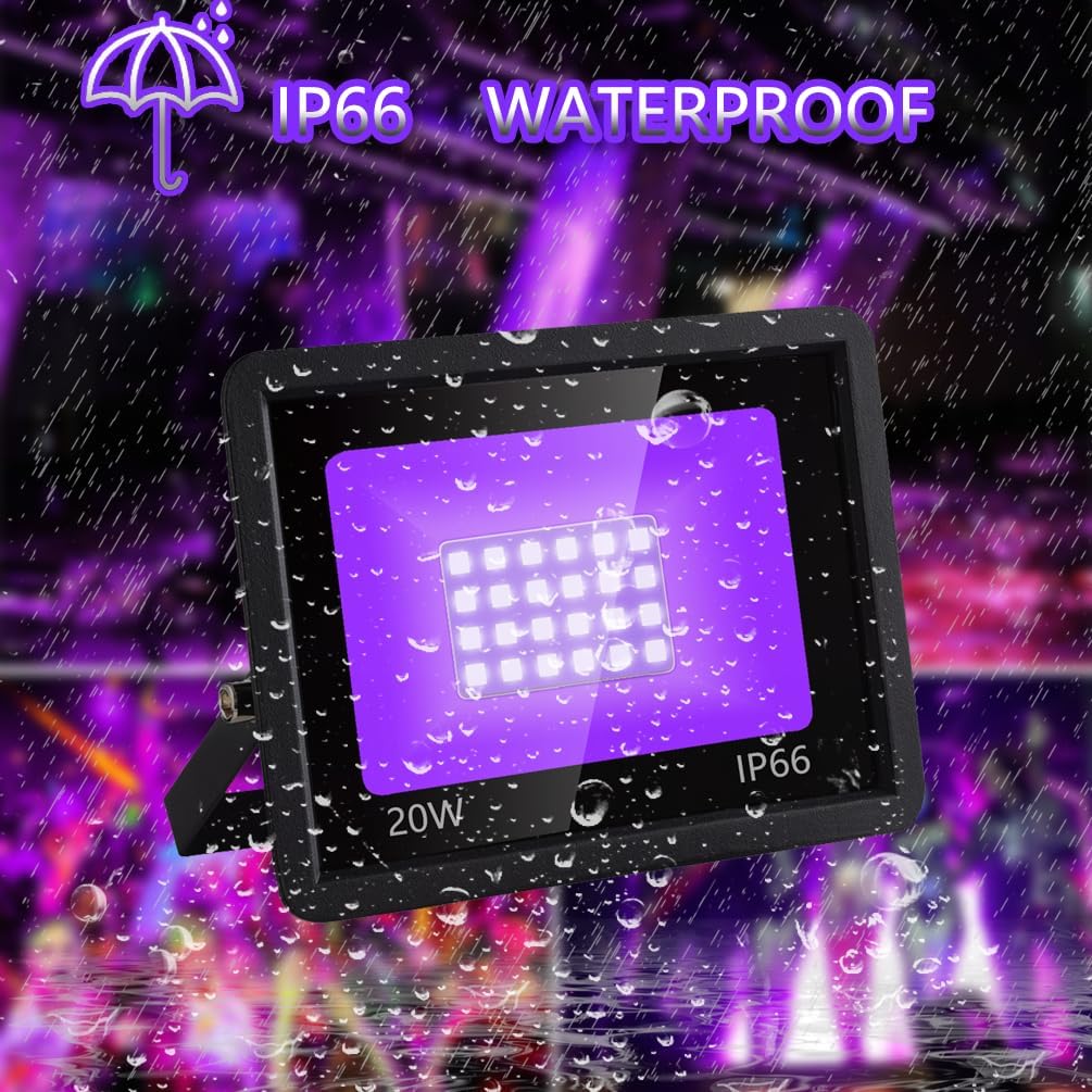 2 Pack 20W Black Light, floodlight Black Light, 1.5m Power Plug with Switch, Suitable for Parties, Halloween Bars, Decorative Stages, Outdoor UV Light IP66 Waterproof (2)