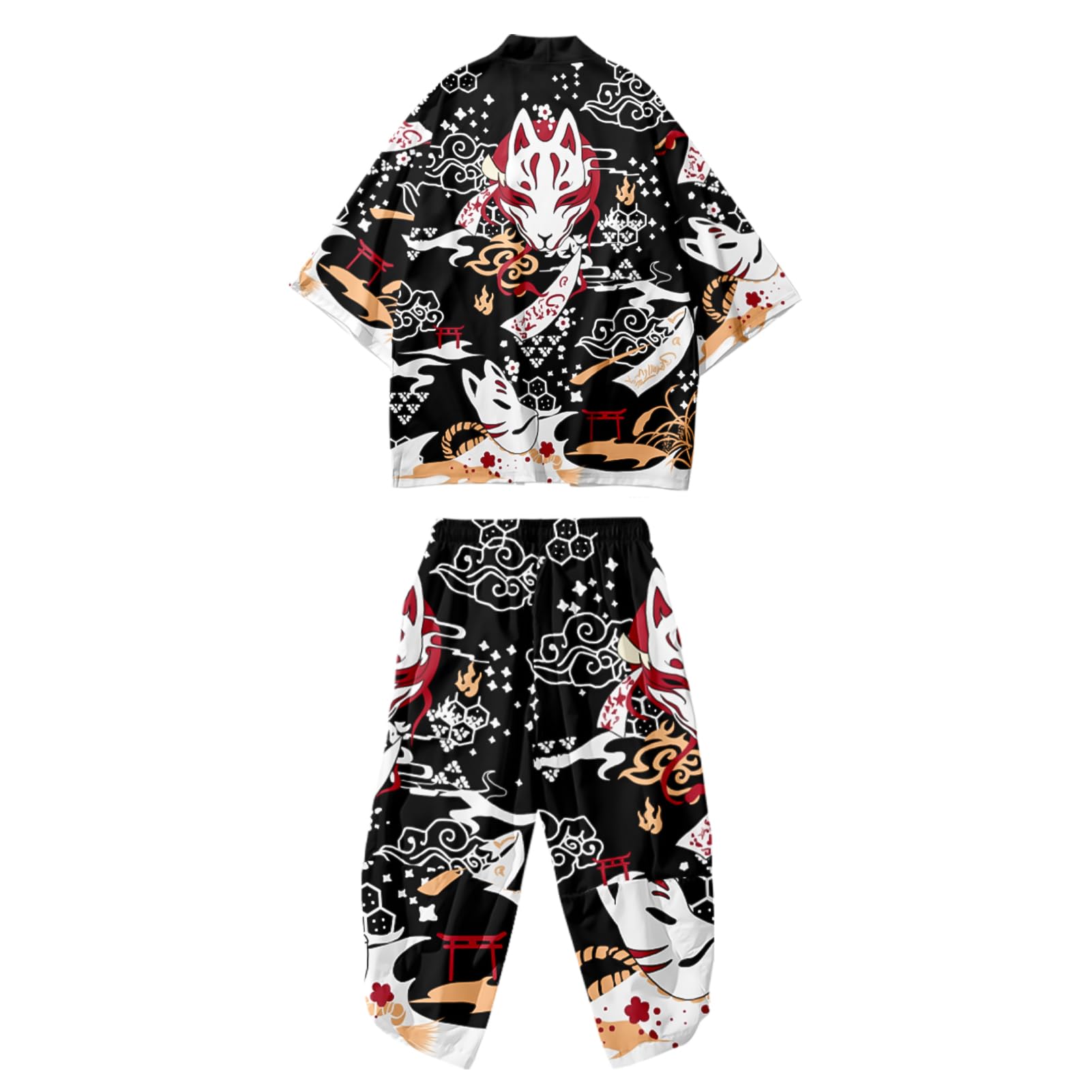 Mens Kimono Set Japanese Kimono Shirt &amp; Shorts 2 Piece Summer Beach Outfits