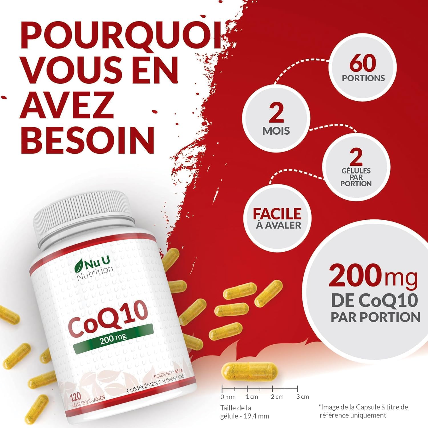 Coenzyme Q10 200mg – 120 Gélules Véganes – 2 Mois d’Approvisionnement – 100mg de CoQ10 par Gélule – 100% Ubiquinone Pure Fermentée Naturellement – Fabriqué en Europe – Nu U Nutrition