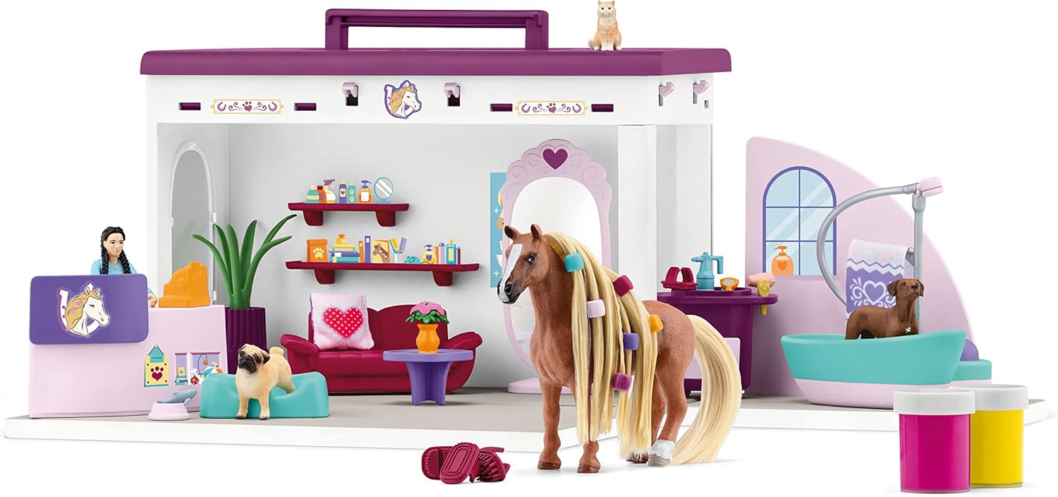 Schleich Horse Club Sofia's Beauties Pet Salon 66-Piece Playset - Includes Horse Figurine, Caretaker, Puppy Friends, and Animal Salon Plus Accessories for Boys and Girls, Gift for Kids Age 4+