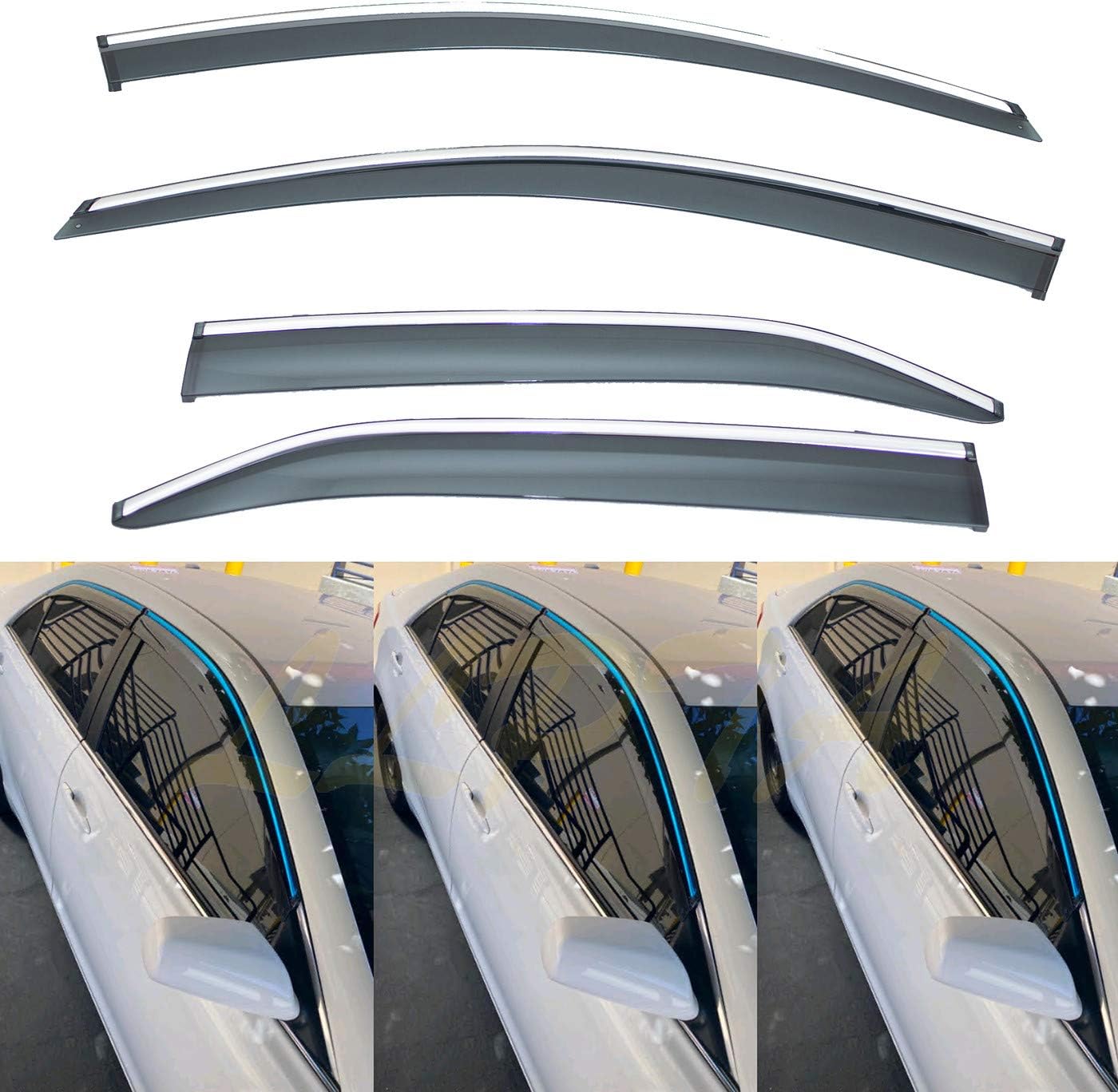 Window Visors Compatible with 07-11 Camry 4pcs Smoke Tint With Chrome Trim Outside Mount Tape On/Clip On Style PVC Sun Rain Guard Vent