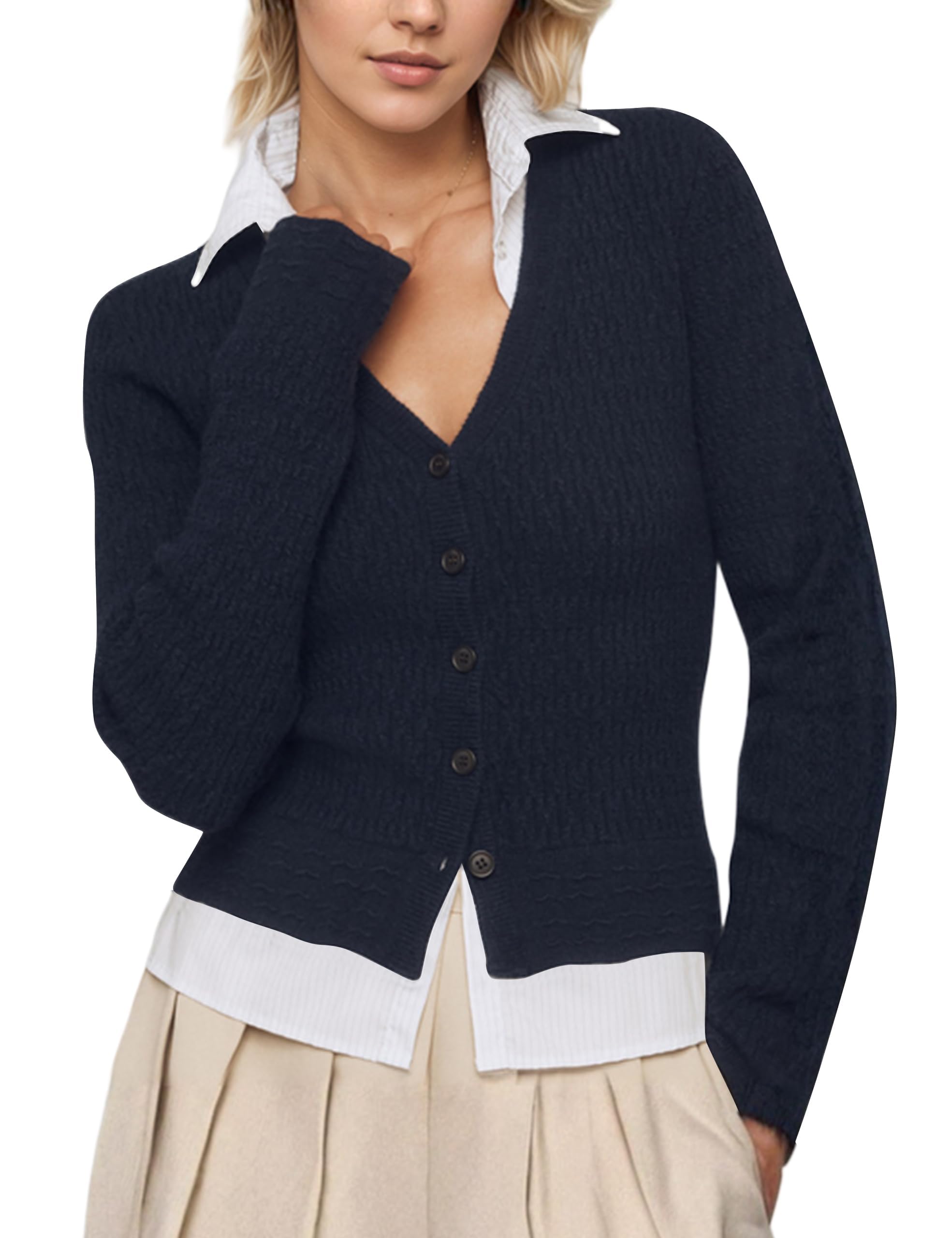 Womens Button Down Patchwork Cardigan Sweater Fall Fashion V-Neck Ribbled Knit Long Sleeve Sweater Shirt