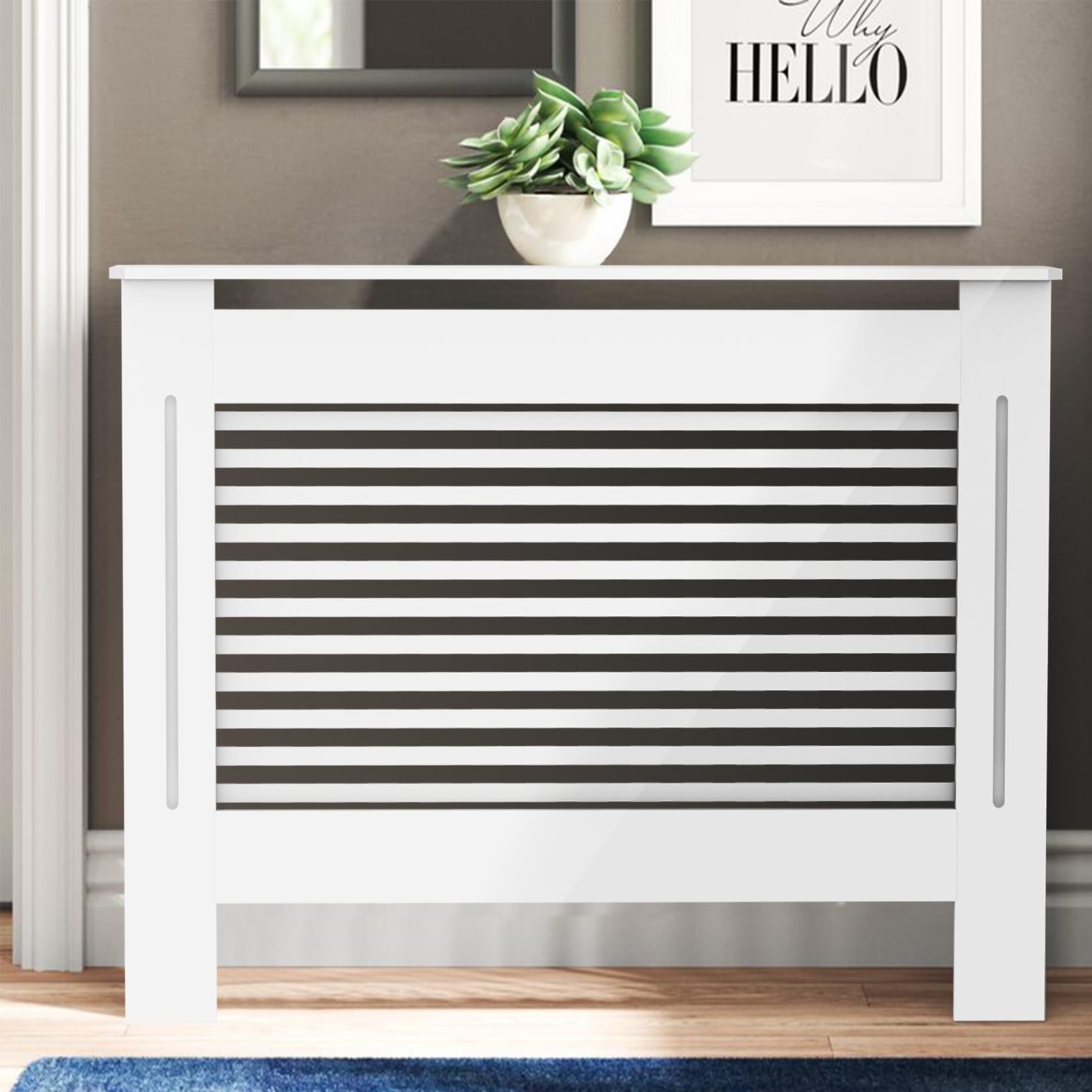 FATIVO Cubierta de Radiador Alta Blanca Moderna: 100 cm de Altura Interior Consola Cubreradiador de Madera Armario Cubre Radiador de MDF Estante para Calentador (Horizontal, 111x19x101 cm)