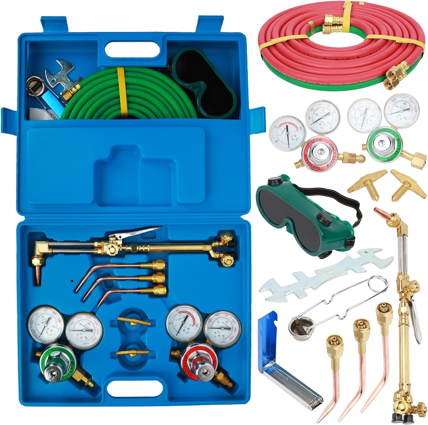cdar Oxygen Acetylene Torch Kit, Portable Long Hose Brass Nozzle Welding Torch Kit with Brass Nozzle & Regulator Gauges Oxygen & Acetylene Welding Torch Kit Blue
