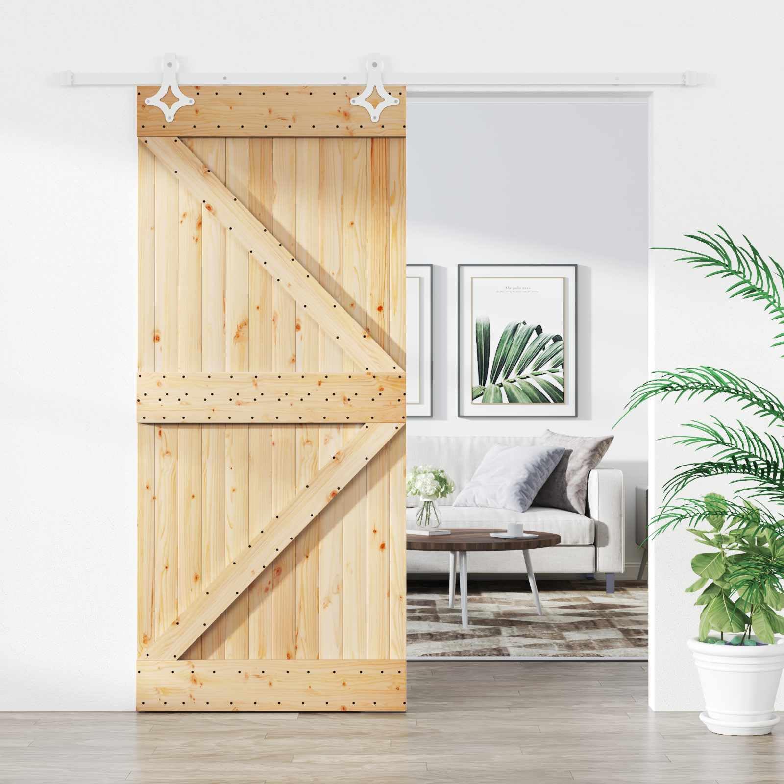 Porta scorrevole in legno di pino massiccio bianco naturale, 100 x 210 cm, con binario in acciaio verniciato a polvere, salvaspazio, per interni, soggiorno, camera da letto, corridoio
