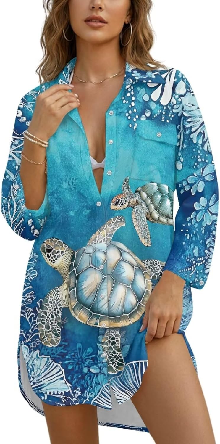 Womens Beach Cover Up Button Down Shirts Breathable Summer Tops Long Sleeve Swimsuit with Pockets