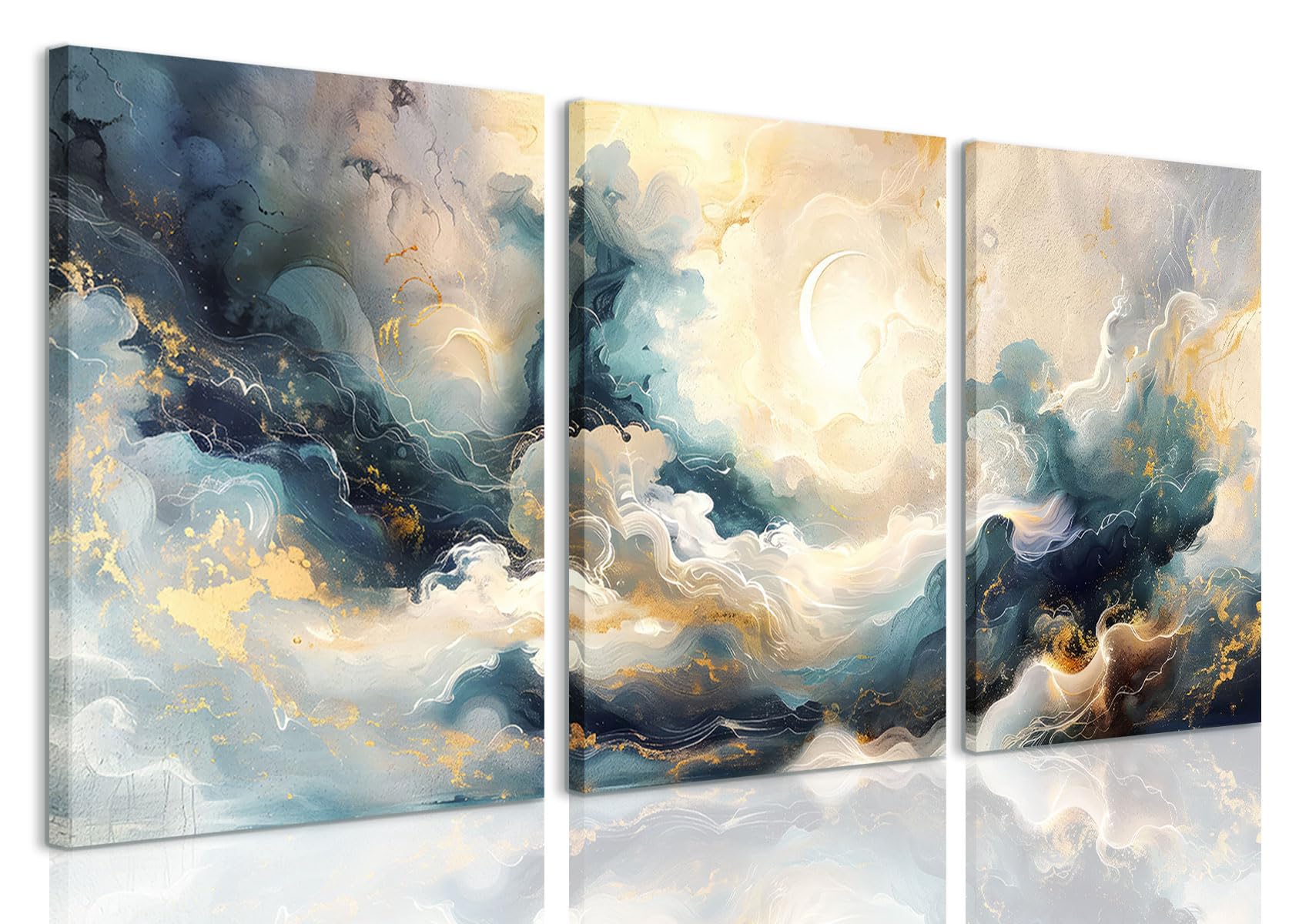 LYPHNX Framed Blue Abstract Fantasy Canvas Wall Art Minimalism Ink Painting Poster Set of 3 Modern ArtWork Navy Blue Gold Marble Prints Pictuer Wall