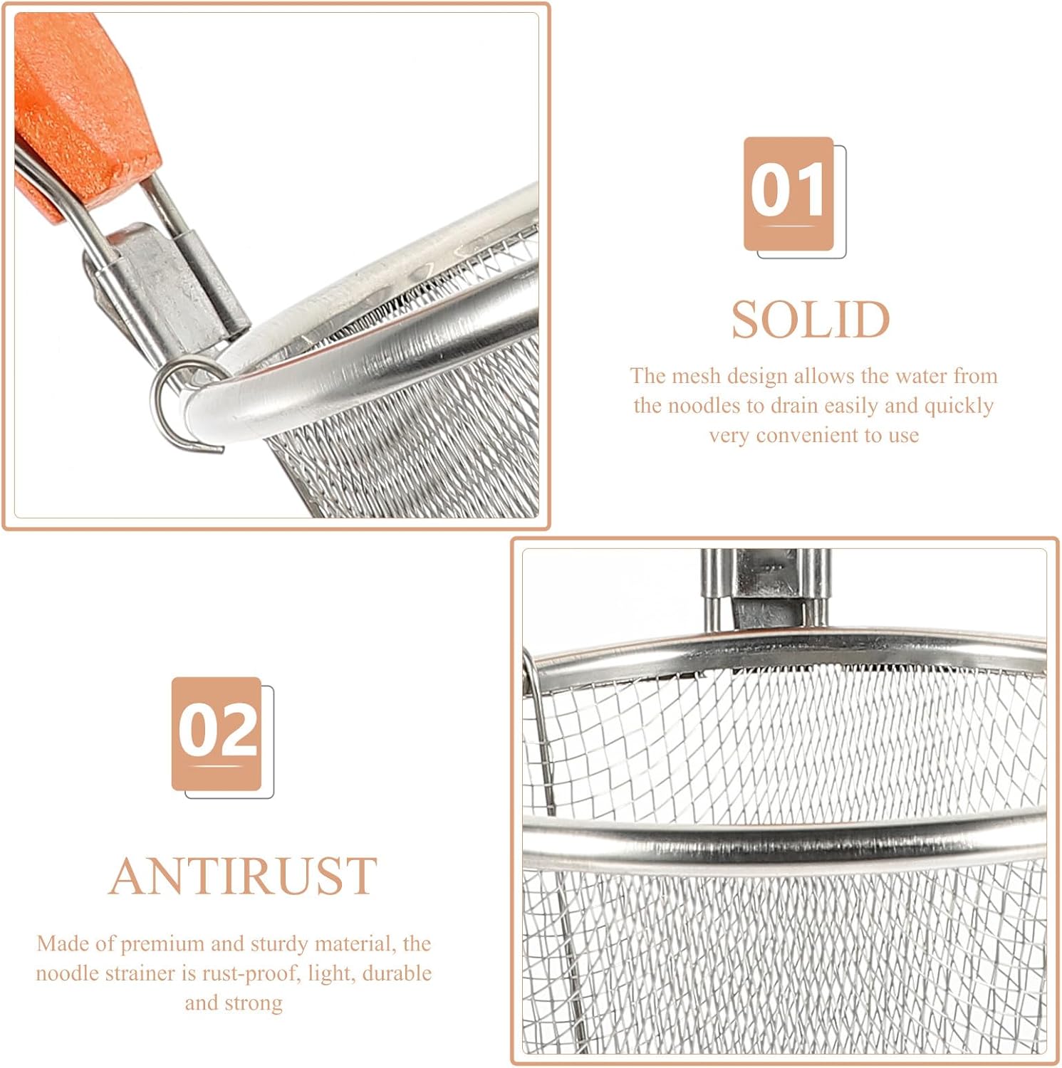 4 Pcs Pasta Strainer Basket with 14cm Wooden Handle, Stainless Steel Noodle Colander Spoons for Cooking, Fine Mesh Food Strainers Suitable for Boiling Noodles and Dumplings